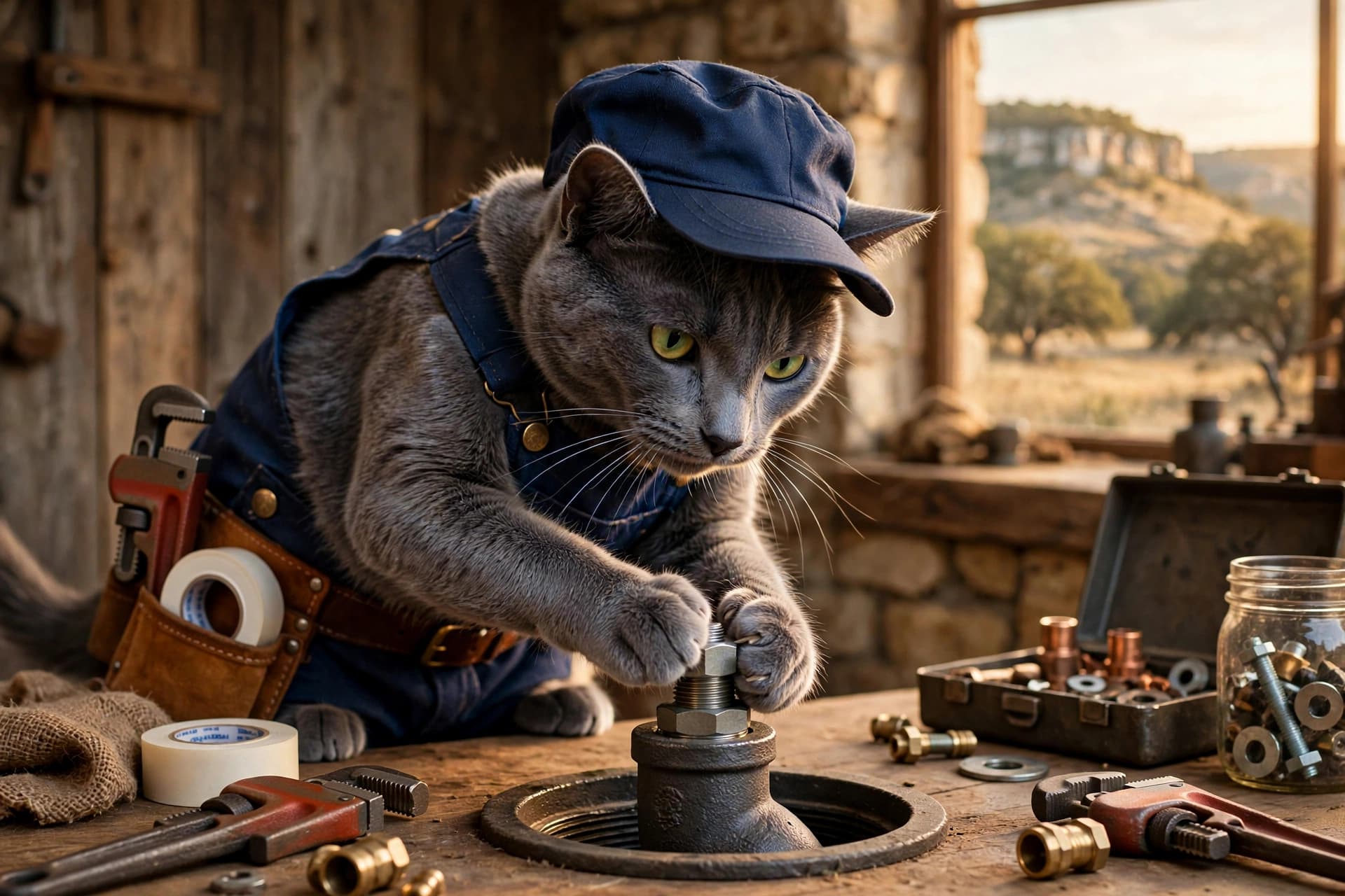 Russian Blue cat in plumber overalls and cap sealing a threaded cleanout plug on a workbench