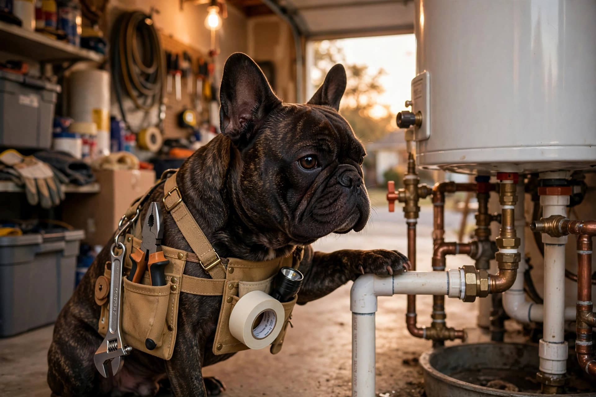 French Bulldog dog inspecting a water heater
