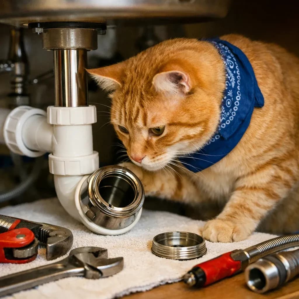 Orange Tabby cat plumber checking a spotless sink drain trap in Austin, TX