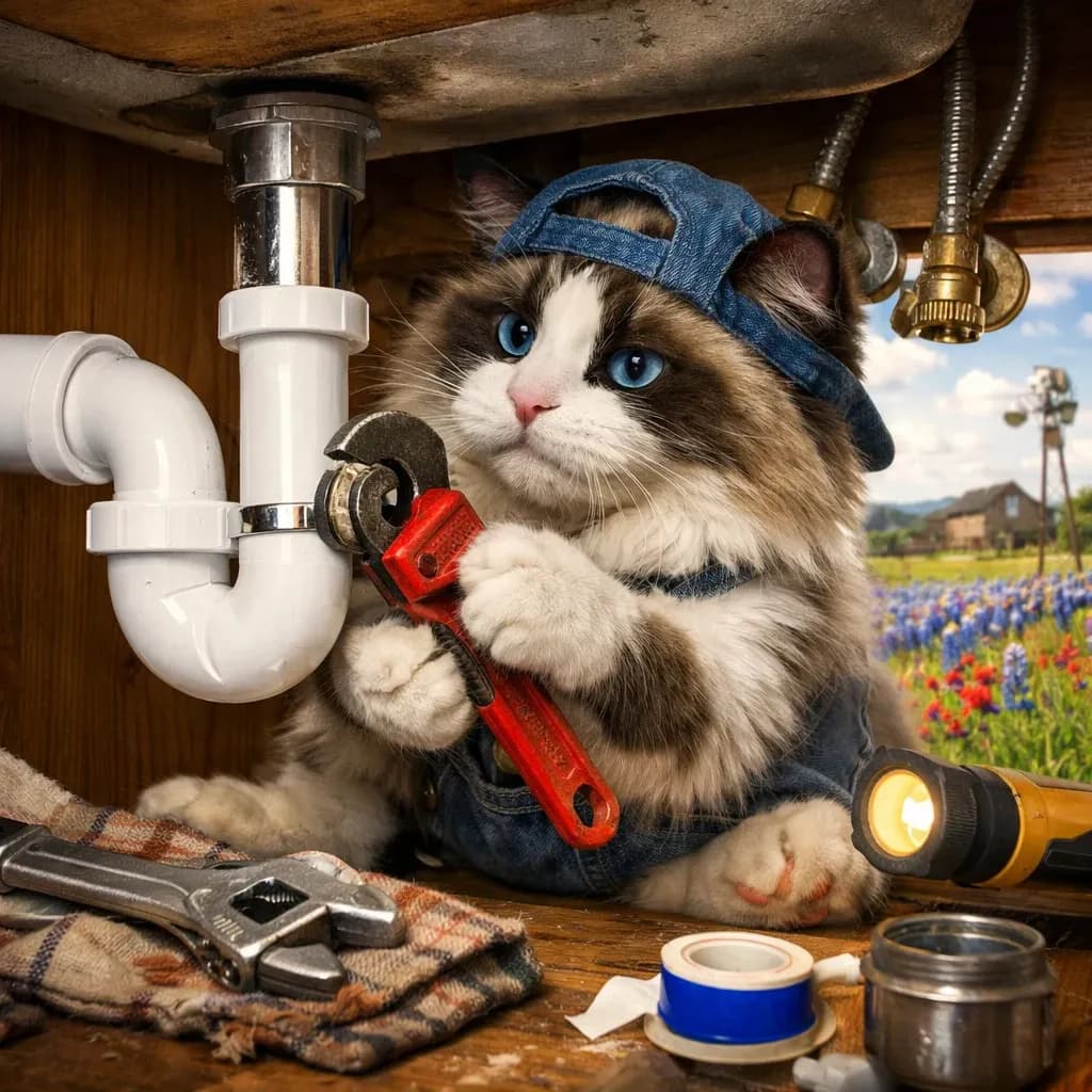 Ragdoll cat plumber tightening the fittings on a new P-trap beneath a sink in Texas Hill Country