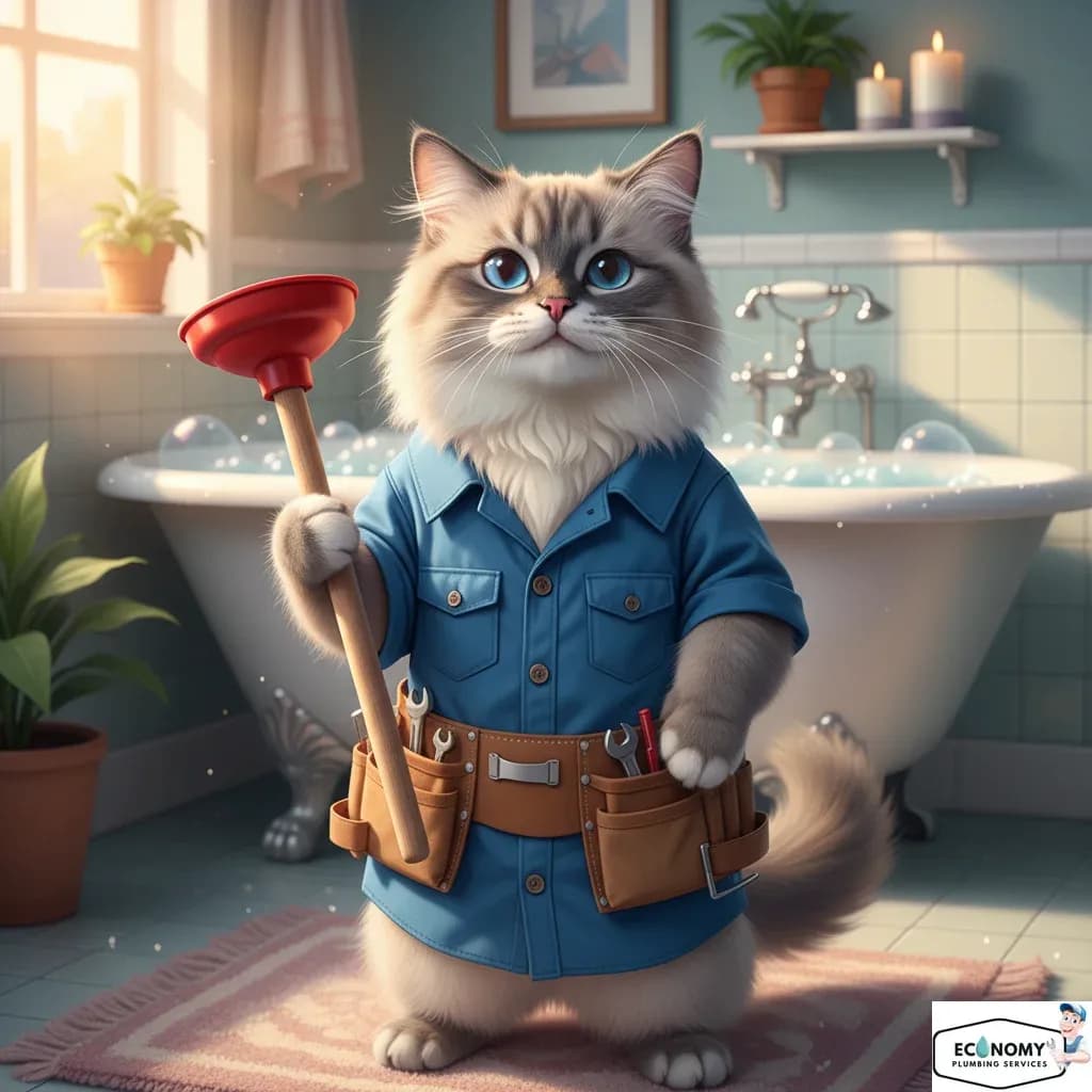 Ragdoll cat in plumber uniform working in bathroom