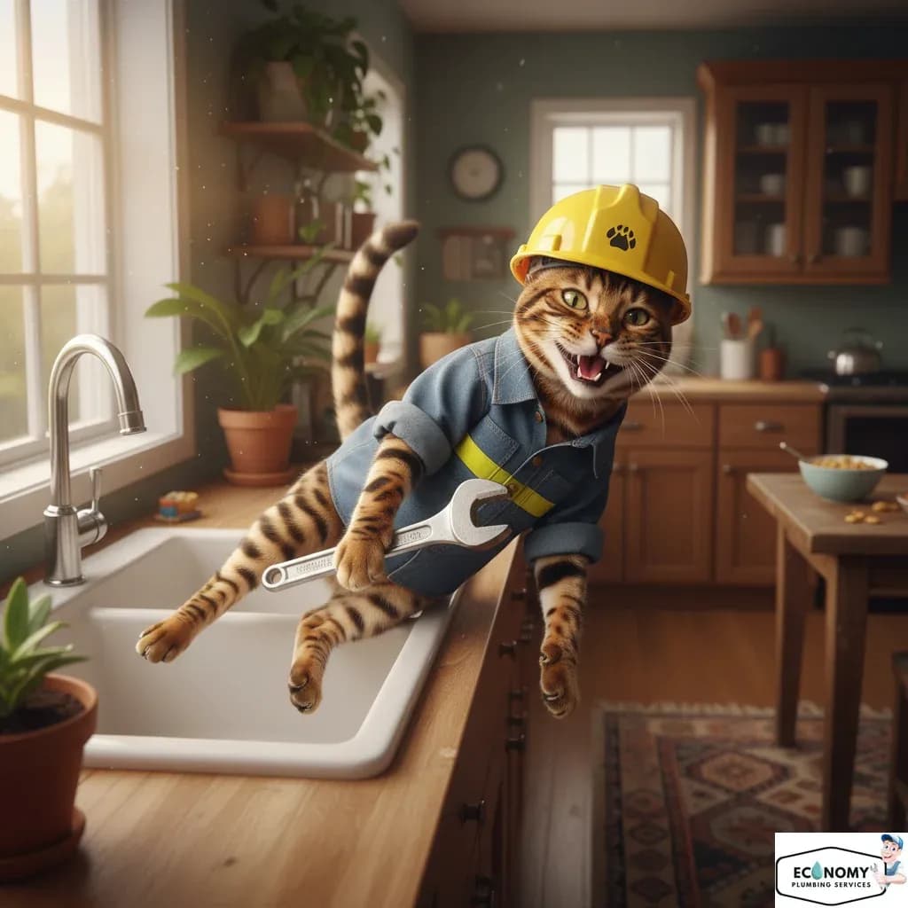Bengal cat climbing pipes in plumber gear