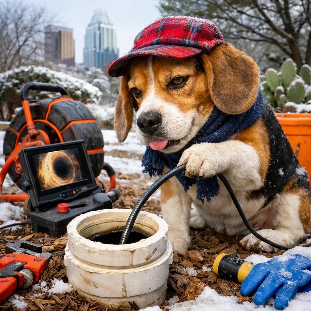 Beagle dog plumber feeding an inspection camera into a sewer cleanout in Austin, TX