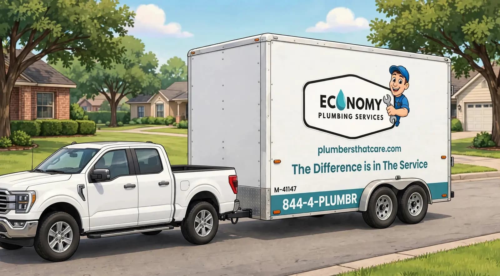 Cartoon illustration of a white Economy Plumbing Services pickup truck towing the branded service trailer on a suburban street